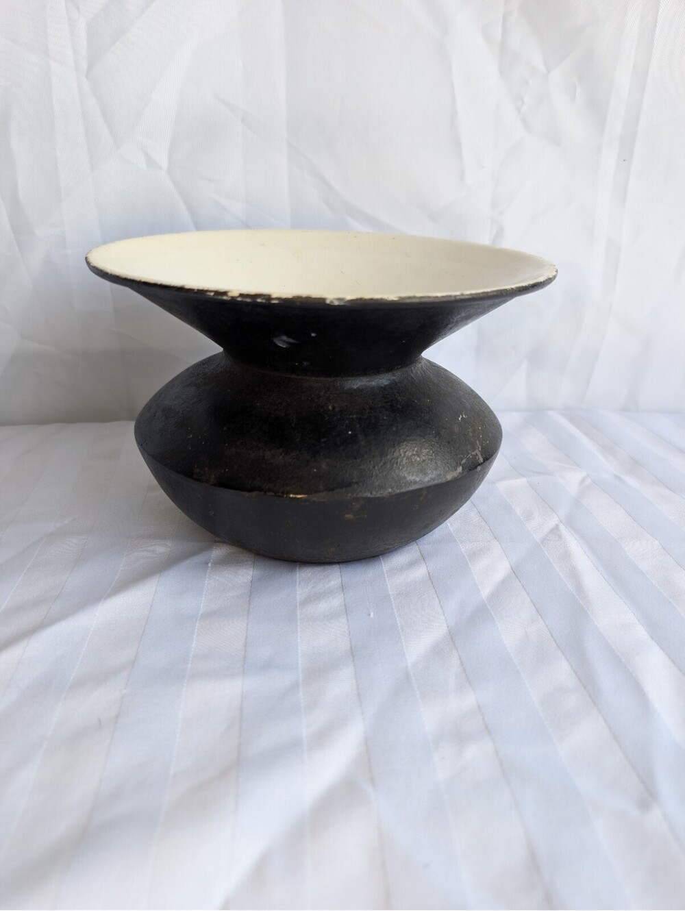 Vintage Antique Cast Iron Black White Enamelware Spittoon Cuspidor Flared Vessel